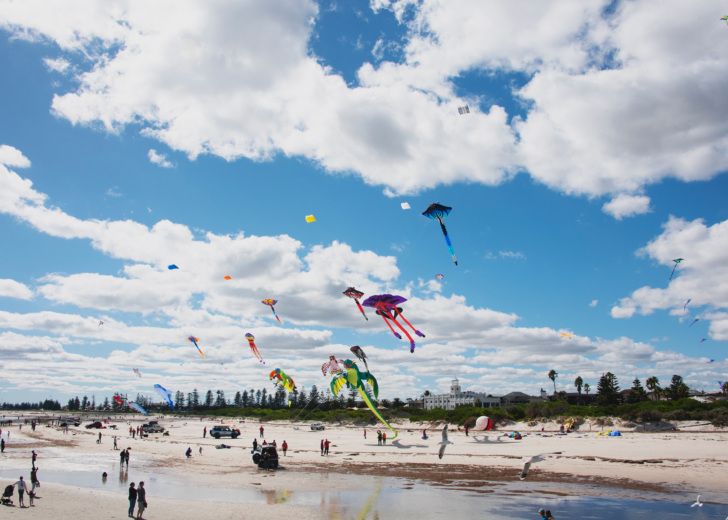 Colorful kites flying over beach during a vibrant kite festival